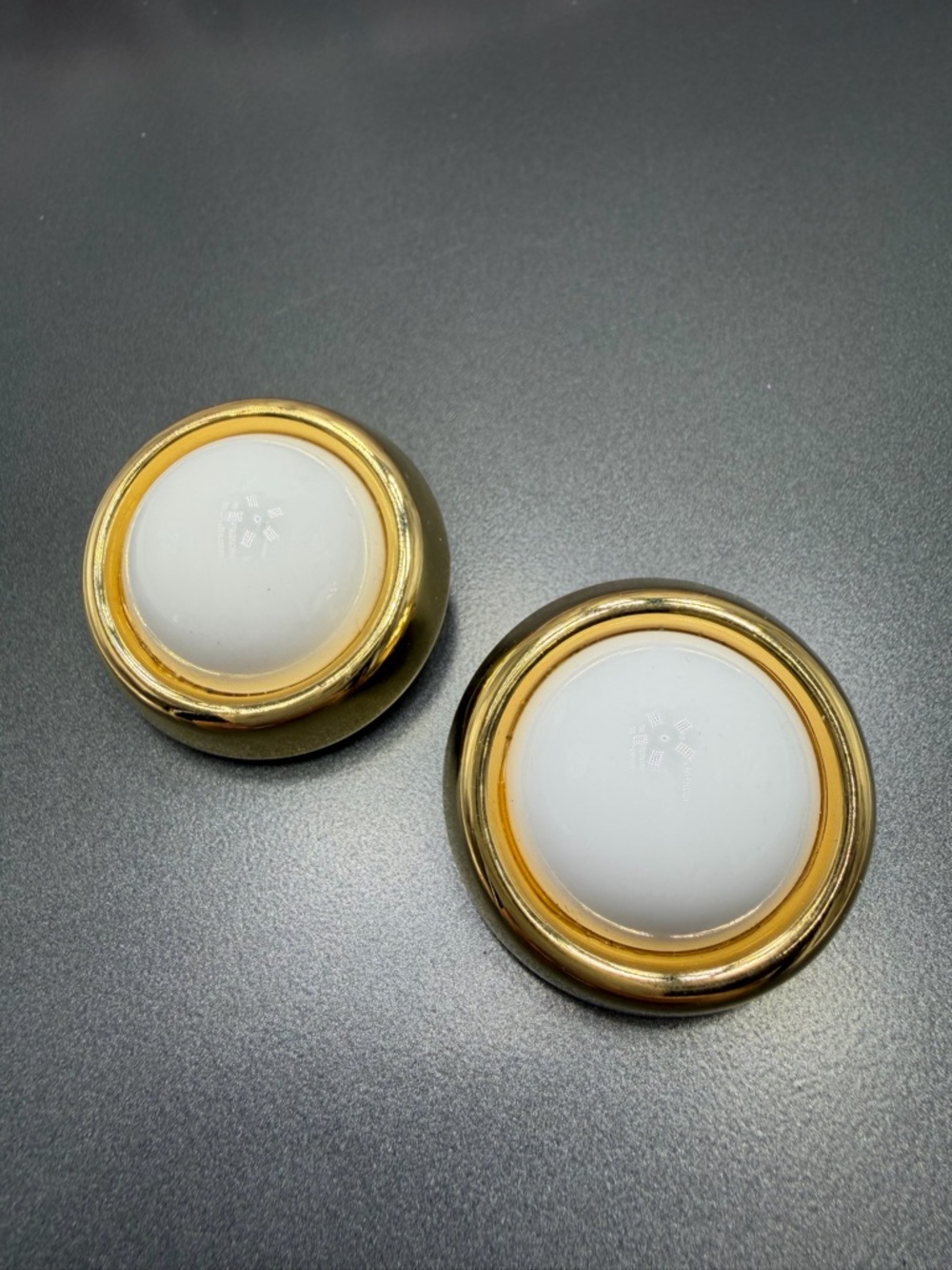 Vintage Trifari Gold and White Round Clip-On Earrings #302